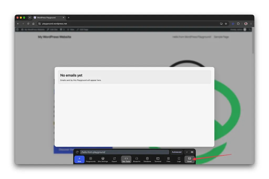 The WordPress Playground Email panel listing a captured message with subject, sender, and recipient fields
