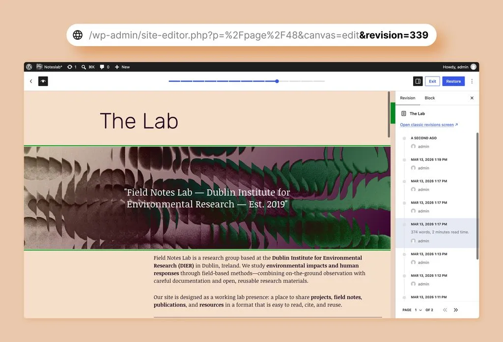 A revision screen in the WordPress editor with the browser address bar showing a direct link to that specific revision