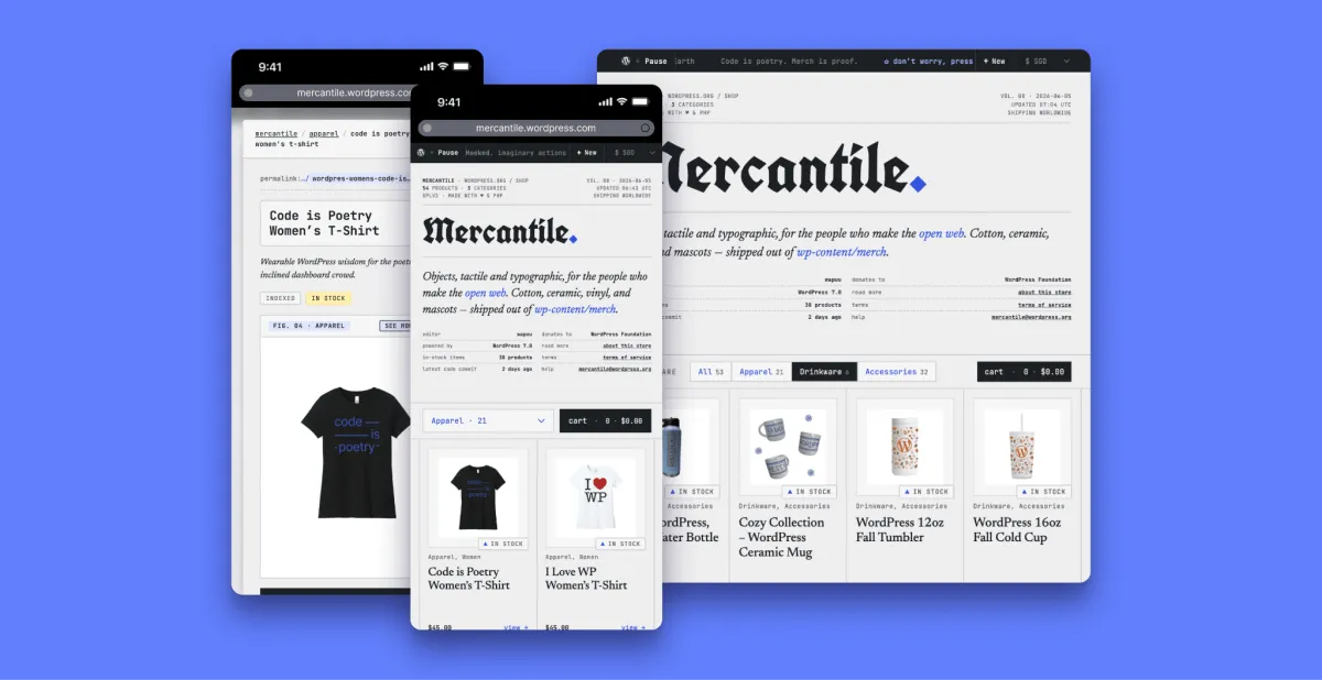 The redesigned Mercantile storefront with the product catalog front and center
